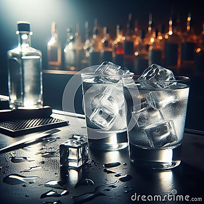 Photography of two glass of vodka with ice on bar counter with bottle on background, moody dark with light, no people Stock Photo