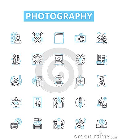 Photography vector line icons set. Photographer, Shutter, Aperture, Camera, Capture, Photo, Canon illustration outline Vector Illustration