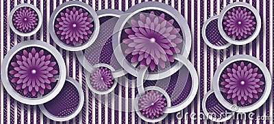 Photomural wallpaper illustration, 3D purple flower Living room wallpaper. Cartoon Illustration