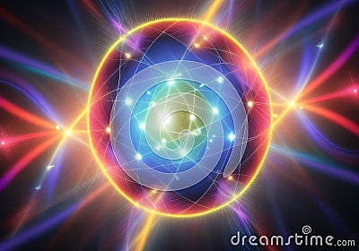 Photon, quantum, particle of light. Light and particle interplay on subject of science, education, computing and modern technology Stock Photo