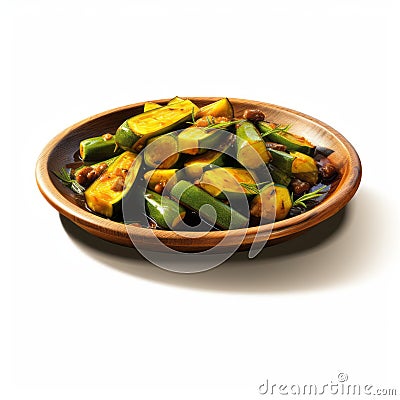 Photorealistic Acorn Squash Dish With Green Okra On Wooden Plate Stock Photo