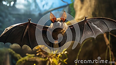 Photorealistic Brown Bat Flying Over Forest: A Captivating Movie Still Stock Photo