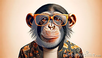 A photorealistic chimpanzee wearing trendy orange sunglasses and a stylish floral shirt. Stock Photo