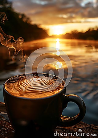 A photorealistic close-up of frothy latte art in a mug Stock Photo