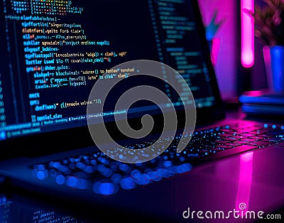 Photorealistic close-up of a laptop displaying blockchain code, neon-lit screen reflecting on a sleek desk surface Stock Photo