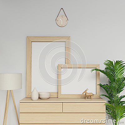 Photorealistic 3d render of simple scandinavian house interior with two a1 and a2 empty poster mockup template with wooden frame Cartoon Illustration