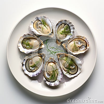 Photorealistic Gourmet Dish, Oysters on a Plate, Topview Perspective Stock Photo