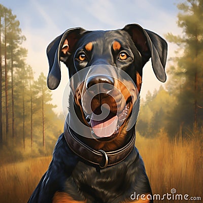 A photorealistic happy Doberman Pinscher dog in natural setting by AI generated Stock Photo