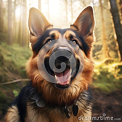 A photorealistic happy German Shepherd dog in natural setting by AI generated Stock Photo