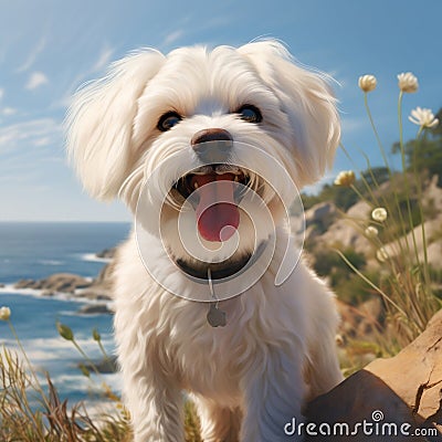 A photorealistic happy Maltese dog in natural setting by AI generated Stock Photo