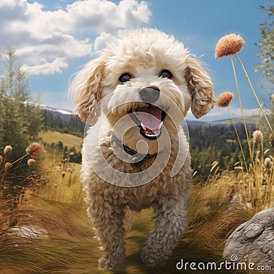 A photorealistic happy Poodle dog in natural setting by AI generated Stock Photo