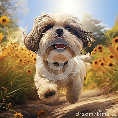 A photorealistic happy Shih Tzu dog in natural setting by AI generated Stock Photo