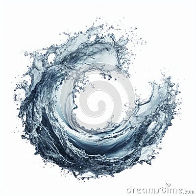 Photorealistic image of a circular wave of dark blue water splashing against a white background. Stock Photo