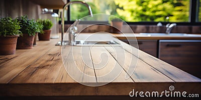 Photorealistic image of a clean wooden table in the kitchen Stock Photo