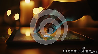 Photorealistic image of a person using a fingerprint scanner to unlock a secure tablet with encrypted access Stock Photo