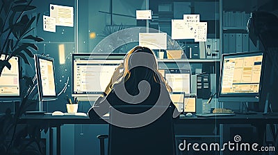 Photorealistic image of a woman at a desk with multiple screens, surrounded by open tabs and notifications, showing work overload Stock Photo