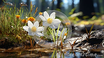 Photorealistic Macro Of Three White Flowers By A Stream Stock Photo