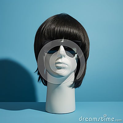 Photorealistic Male Mannequin Head With Circular Sunglasses And Brunette Wig Stock Photo