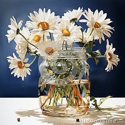 Photorealistic Marine Painter Captures Daisy In A Jar With Watercolor Stock Photo