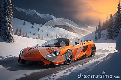 A photorealistic McLaren 720S emerging from a snowy forest with a fiery sunset generative by Ai Stock Photo