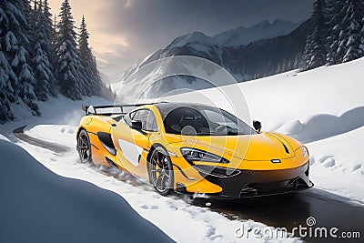 A photorealistic McLaren 720S emerging from a snowy forest with a fiery sunset generative by Ai Stock Photo