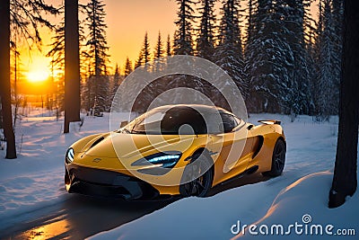 A photorealistic McLaren 720S emerging from a snowy forest with a fiery sunset generative by Ai Stock Photo