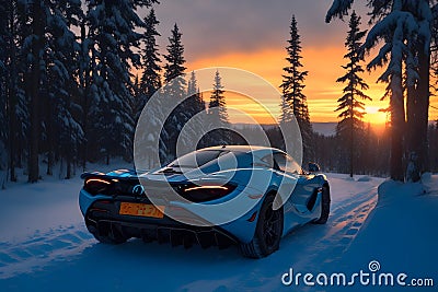 A photorealistic McLaren 720S emerging from a snowy forest with a fiery sunset generative by Ai Stock Photo