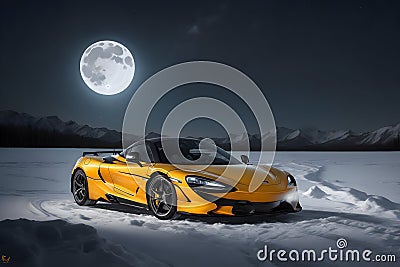 A photorealistic McLaren 720S parked under a moonlit winter sky starry frozen lake generative by Ai Stock Photo