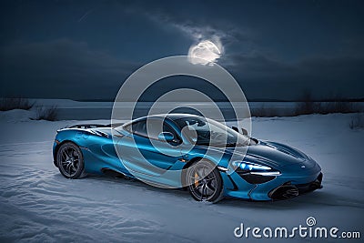 A photorealistic McLaren 720S parked under a moonlit winter sky starry frozen lake generative by Ai Stock Photo