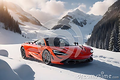 A photorealistic McLaren 720S stands proudly in a snowcovered mountain pass generative by Ai Stock Photo