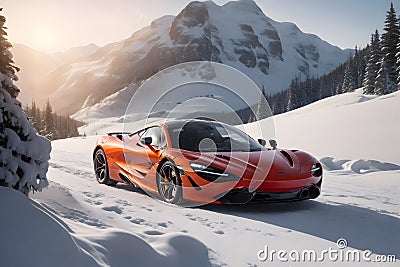 A photorealistic McLaren 720S stands proudly in a snowcovered mountain pass generative by Ai Stock Photo