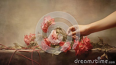 Oil Painting Of Hand With Pink Flowers In Thomas Wrede And Flora Borsi Style Stock Photo