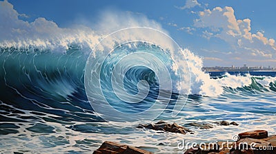 Photorealistic Painting Of Gulf Of Mexico Waves Crashing At Waimea Bay Cartoon Illustration