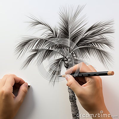 Photorealistic Palm Tree Drawing With Precisionist Lines Cartoon Illustration