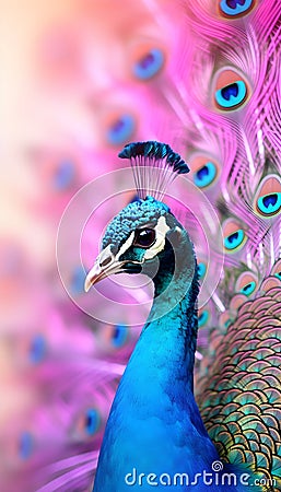 Photorealistic peacock on blurred pink background Stock Photo