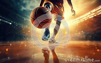 Photorealistic person dribbling basketball ball, backlight. Low angle shot, reflection, rainy weather. AI Generative Stock Photo