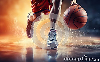 Photorealistic person dribbling basketball ball on wet surface. Low angle shot, reflection, rainy weather. AI Generative Stock Photo