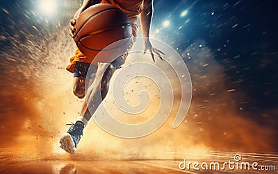 Photorealistic person dribbling basketball ball on wet surface. Low angle shot, reflection, motion rays. AI Generative Stock Photo