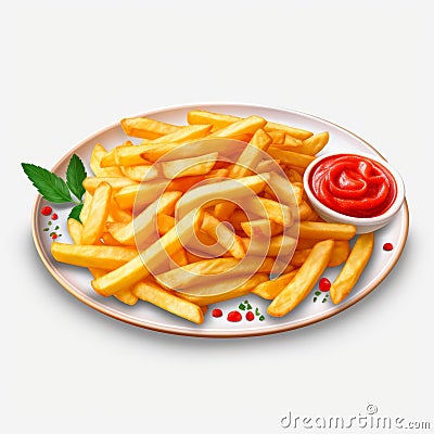Photorealistic Plate Of French Fries With Ketchup Stock Photo