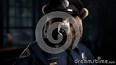 Photorealistic Police Bear: Minimal Retouching In Dark Clothing Stock Photo