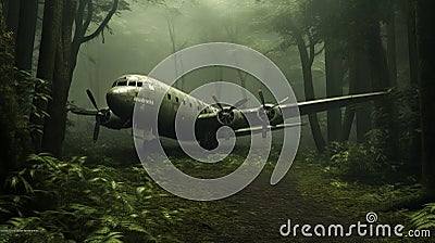 Photorealistic Post-war Airplane In Dark Forest - Uhd Image Stock Photo