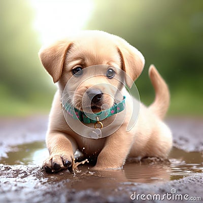 Puddle Playtime Pup Stock Photo