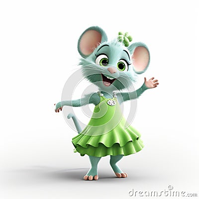 Cute Cartoon Mouse Waving In Green Dress - Photorealistic Rendering Stock Photo