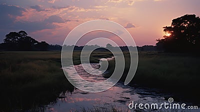 Photorealistic Sunset: A Southern Countryside River Flowing Through A Grassy Marsh Stock Photo