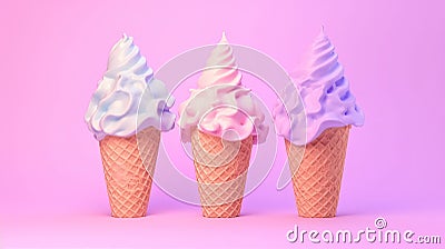 Photorealistic surrealism style ice cream cones displayed on a colour pastel backdrop, creating an artistic composition. Stock Photo