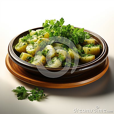 Photorealistic Turnip Dish With Green Okra On Wooden Plate Stock Photo