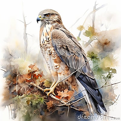 Photorealistic Watercolor Illustration Of A Hawk In Nature Cartoon Illustration