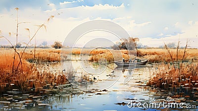 Photorealistic Watercolor Painting Of Boat In Marsh - Rural Life Scenes Stock Photo