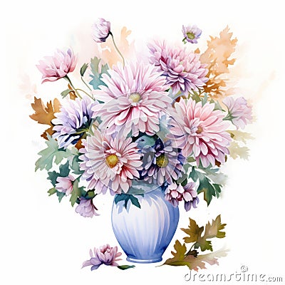 Photorealistic Watercolor Painting Of Soft Flowers In Pink And Blue Stock Photo