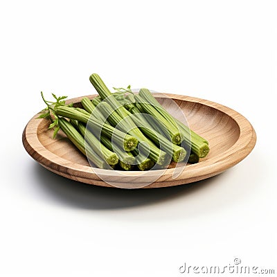 Photorealistic Wooden Plate With Green Celery And Okra Stock Photo